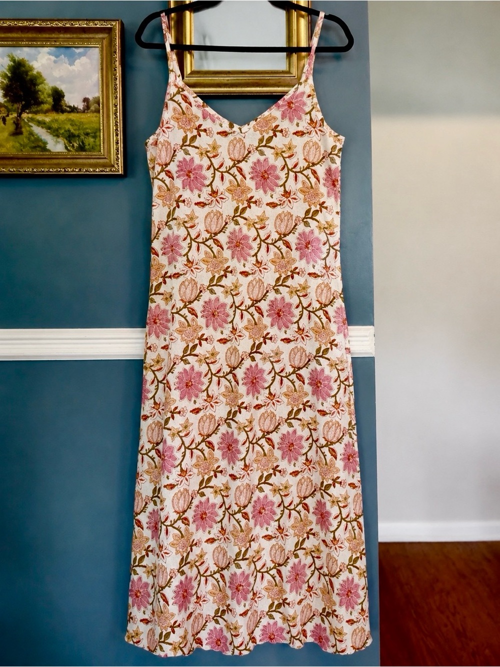 TYSA Beautiful V-Neck Layering Maxi Dress Pink Floral Boho Cotton Size 2